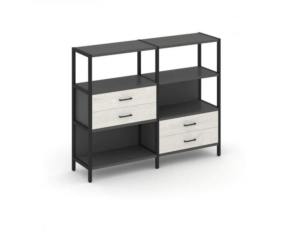 Двухсекционный стеллаж трехярусный с ящиками на двух ярусах 1590х400х1246 Shelf System