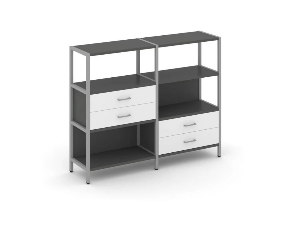 Двухсекционный стеллаж трехярусный с ящиками на двух ярусах 1590х400х1246 Shelf System