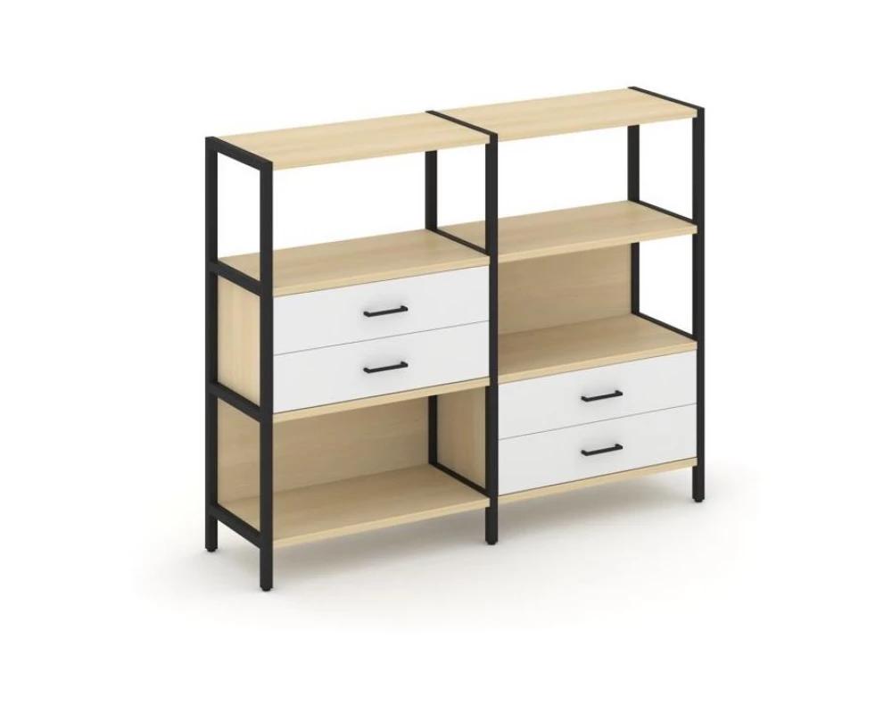 Двухсекционный стеллаж трехярусный с ящиками на двух ярусах 1590х400х1246 Shelf System