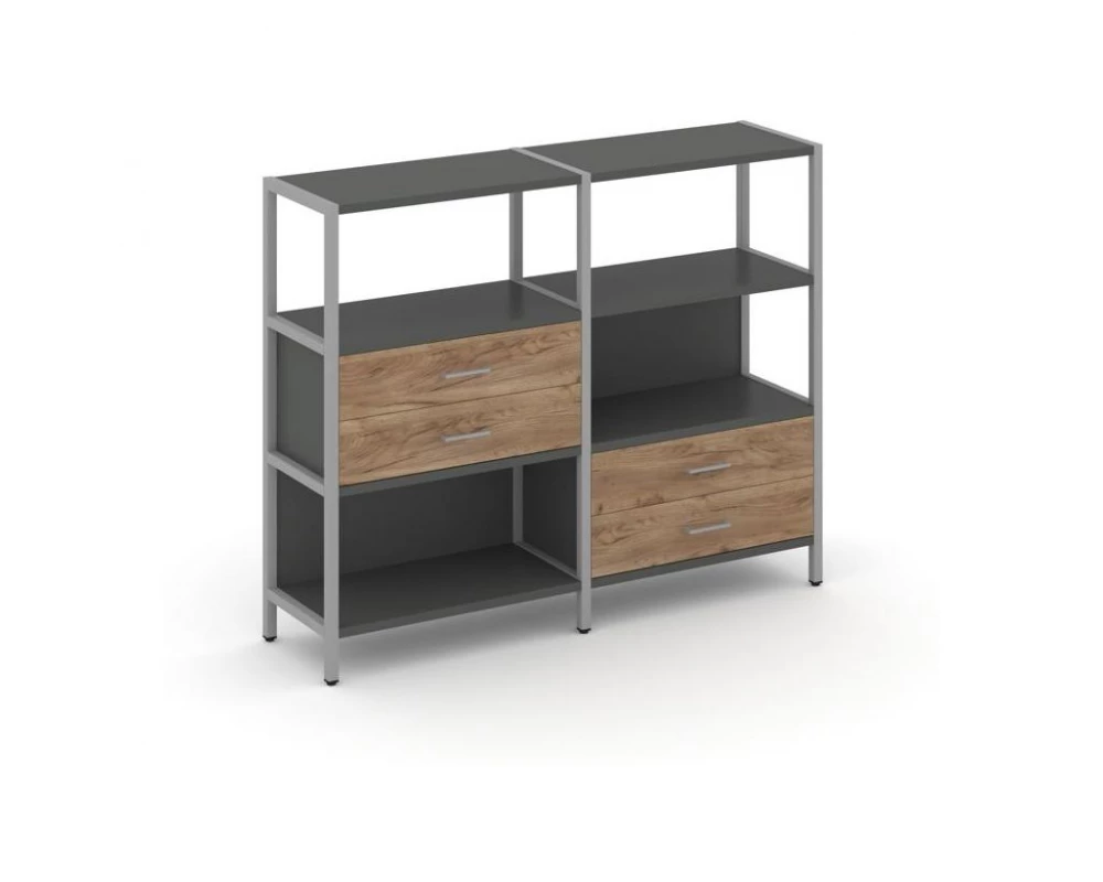 Двухсекционный стеллаж трехярусный с ящиками на двух ярусах 1590х400х1246 Shelf System