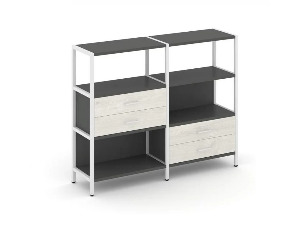 Двухсекционный стеллаж трехярусный с ящиками на двух ярусах 1590х400х1246 Shelf System