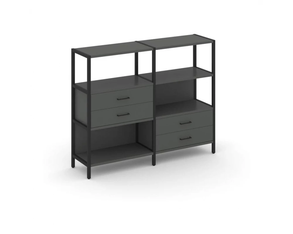 Двухсекционный стеллаж трехярусный с ящиками на двух ярусах 1590х400х1246 Shelf System