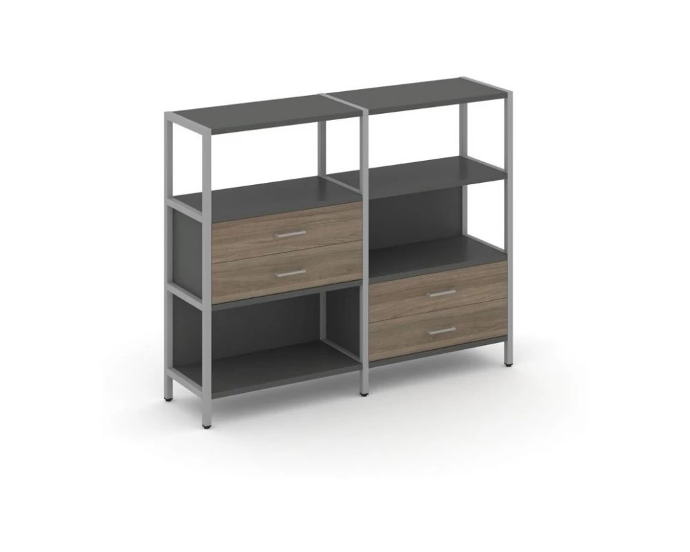 Двухсекционный стеллаж трехярусный с ящиками на двух ярусах 1590х400х1246 Shelf System