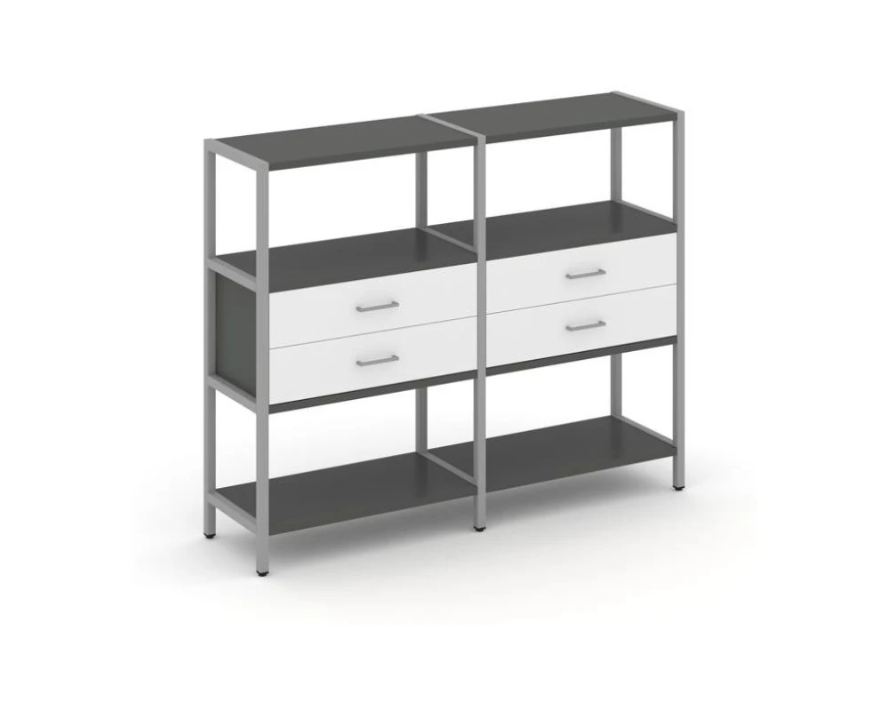 Двухсекционный стеллаж трехярусный с ящиками на одном ярусе 1590х400х1246 Шелф Систем / Shelf System