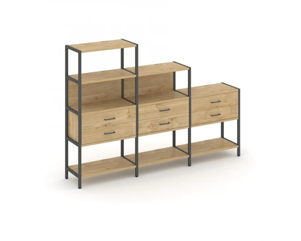 Трехсекционный стеллаж четырех/трех/двухярусный с ящиками 2730х400х1613 Shelf System