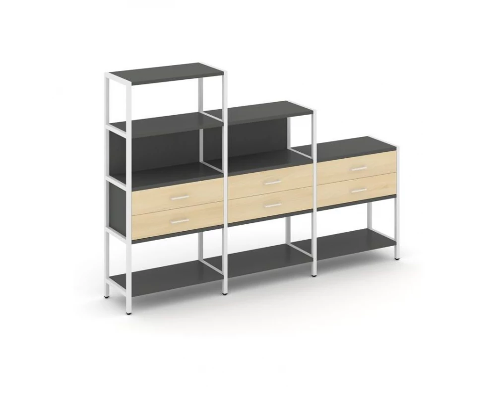 Трехсекционный стеллаж четырех/трех/двухярусный с ящиками 2730х400х1613 Shelf System