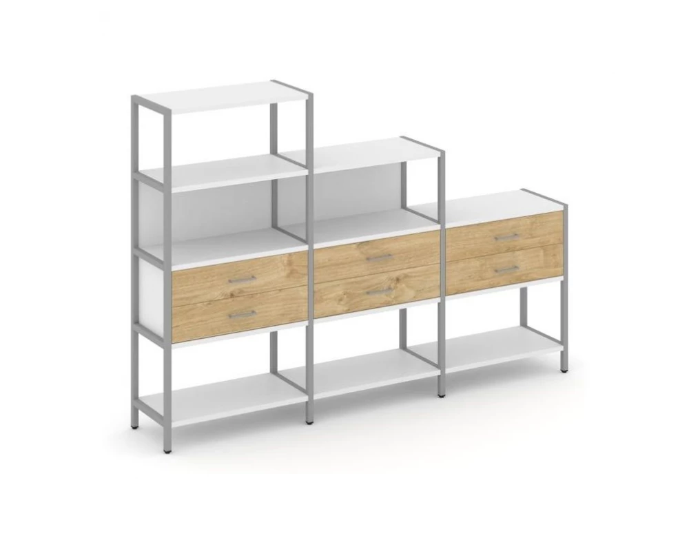 Трехсекционный стеллаж четырех/трех/двухярусный с ящиками 2730х400х1613 Shelf System