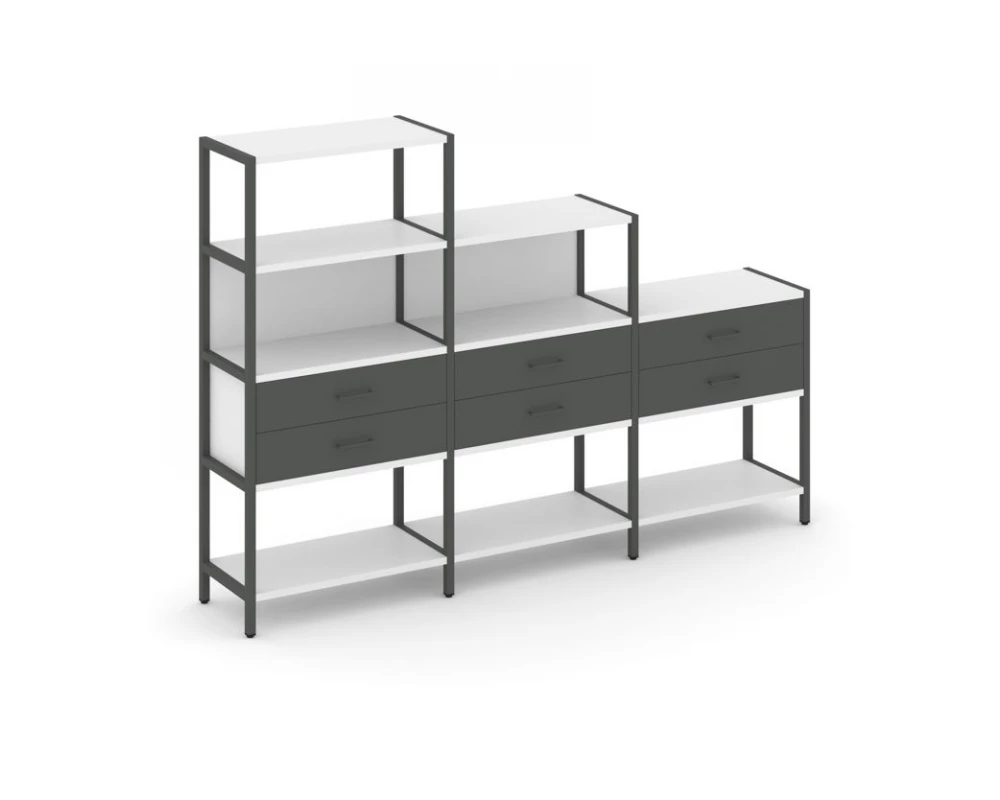 Трехсекционный стеллаж четырех/трех/двухярусный с ящиками 2730х400х1613 Shelf System
