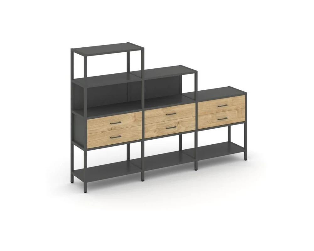 Трехсекционный стеллаж четырех/трех/двухярусный с ящиками 2730х400х1613 Shelf System