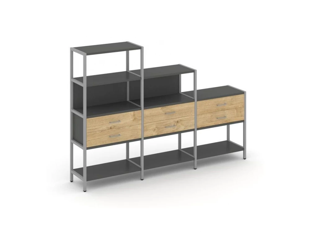 Трехсекционный стеллаж четырех/трех/двухярусный с ящиками 2730х400х1613 Shelf System