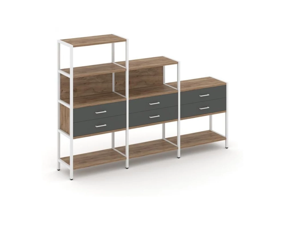 Трехсекционный стеллаж четырех/трех/двухярусный с ящиками 2730х400х1613 Shelf System