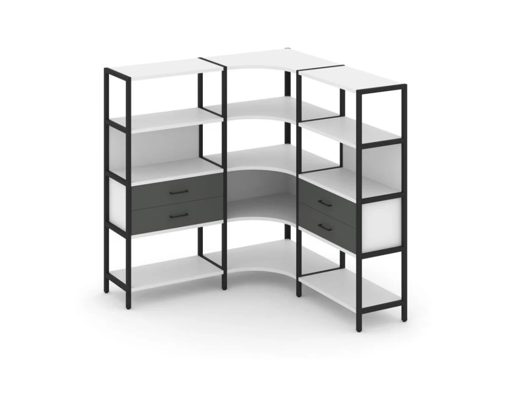 Трехсекционный угловой стеллаж четырехярусный с ящиками 1590х1590х1613 Шелф Систем / Shelf System