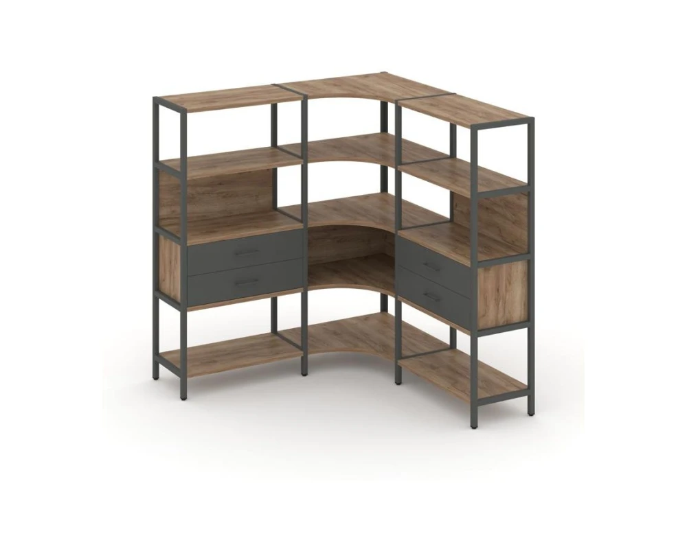 Трехсекционный угловой стеллаж четырехярусный с ящиками 1590х1590х1613 Шелф Систем / Shelf System