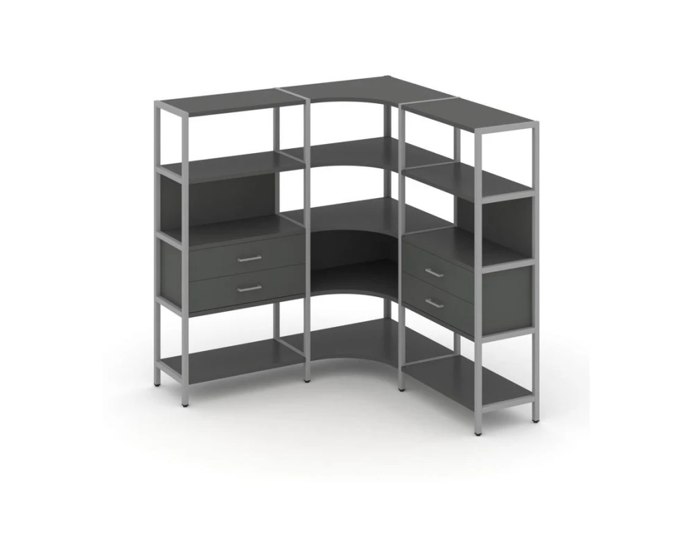 Трехсекционный угловой стеллаж четырехярусный с ящиками 1590х1590х1613 Шелф Систем / Shelf System