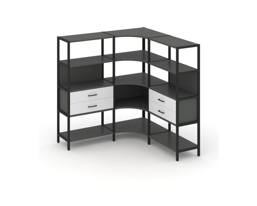 Трехсекционный угловой стеллаж четырехярусный с ящиками 1590х1590х1613 Шелф Систем / Shelf System
