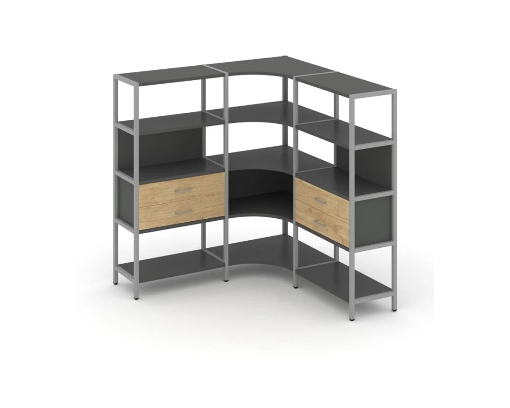 Трехсекционный угловой стеллаж четырехярусный с ящиками 1590х1590х1613 Шелф Систем / Shelf System