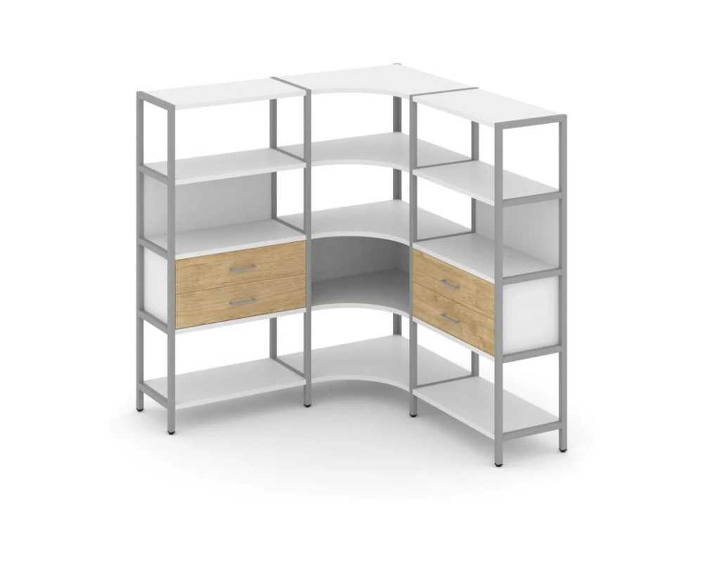 Трехсекционный угловой стеллаж четырехярусный с ящиками 1590х1590х1613 Шелф Систем / Shelf System