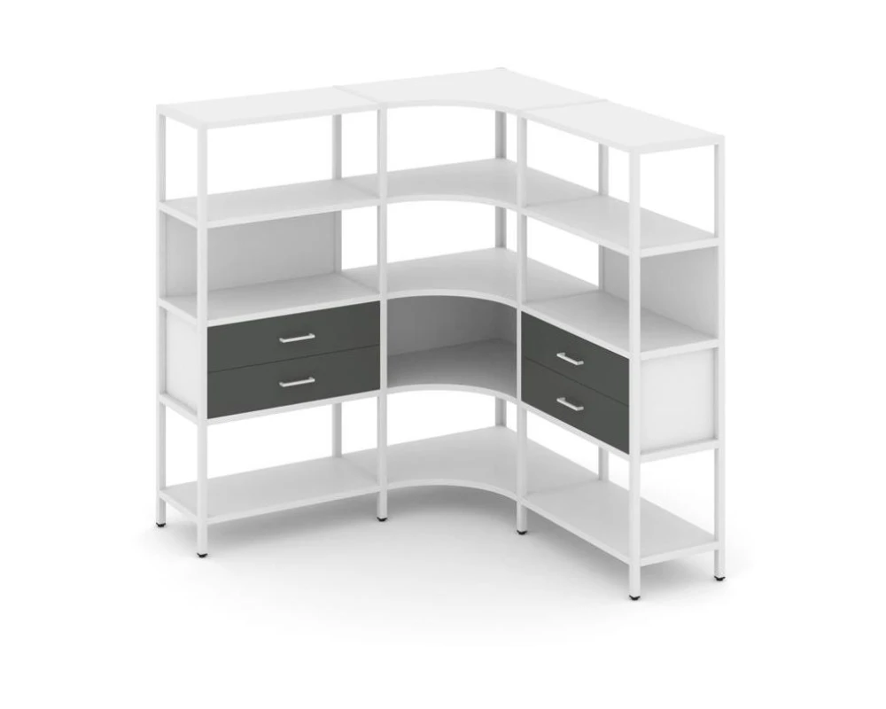 Трехсекционный угловой стеллаж четырехярусный с ящиками 1590х1590х1613 Шелф Систем / Shelf System