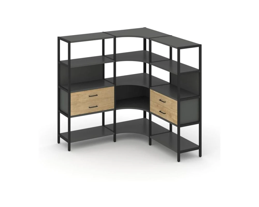 Трехсекционный угловой стеллаж четырехярусный с ящиками 1590х1590х1613 Шелф Систем / Shelf System
