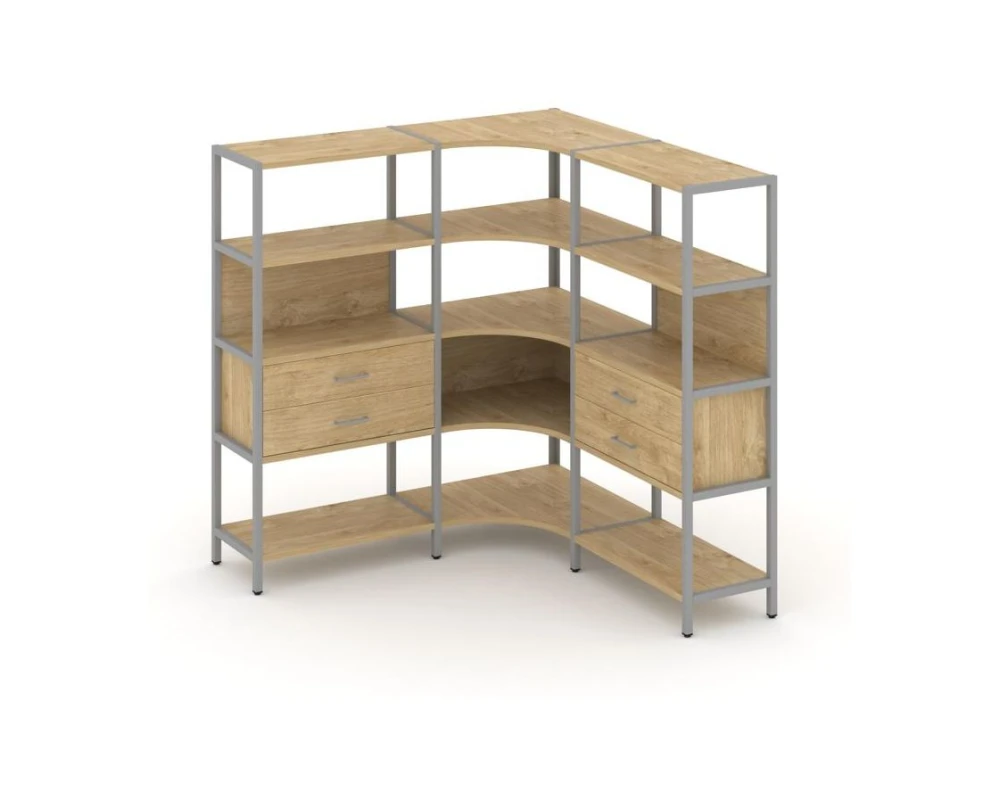 Трехсекционный угловой стеллаж четырехярусный с ящиками 1590х1590х1613 Шелф Систем / Shelf System