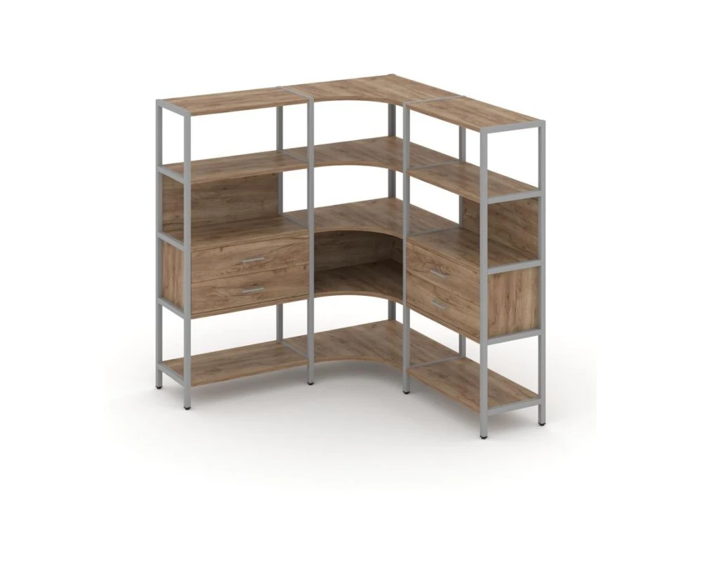 Трехсекционный угловой стеллаж четырехярусный с ящиками 1590х1590х1613 Шелф Систем / Shelf System