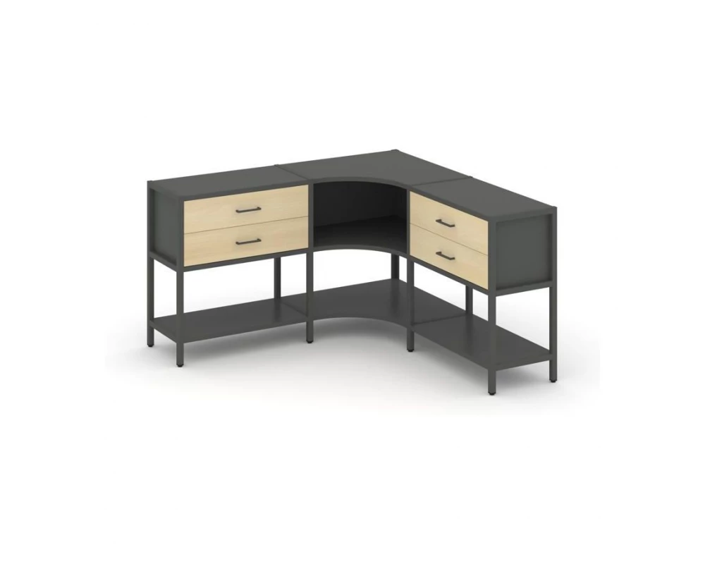 Трехсекционный угловой стеллаж двухярусный с ящиками 1590х1590х879 Shelf System