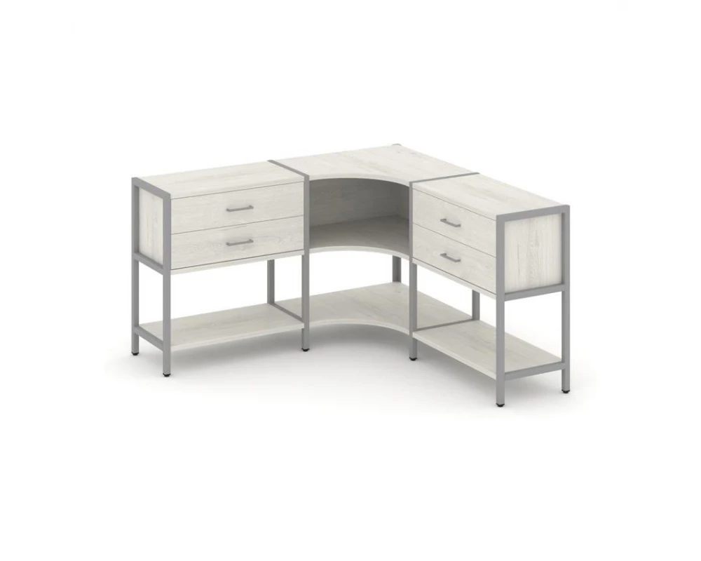 Трехсекционный угловой стеллаж двухярусный с ящиками 1590х1590х879 Shelf System