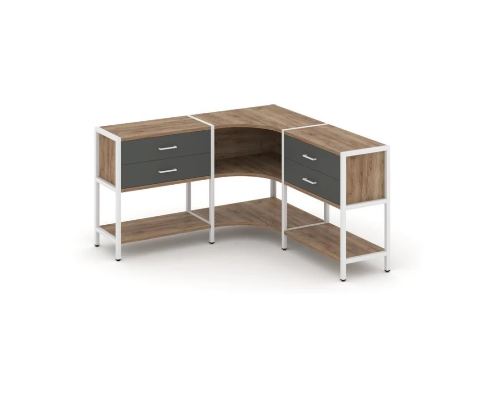 Трехсекционный угловой стеллаж двухярусный с ящиками 1590х1590х879 Shelf System