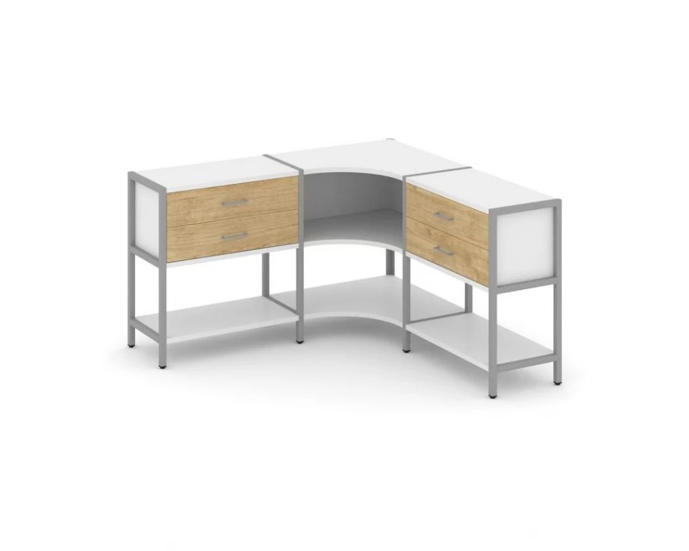 Трехсекционный угловой стеллаж двухярусный с ящиками 1590х1590х879 Shelf System