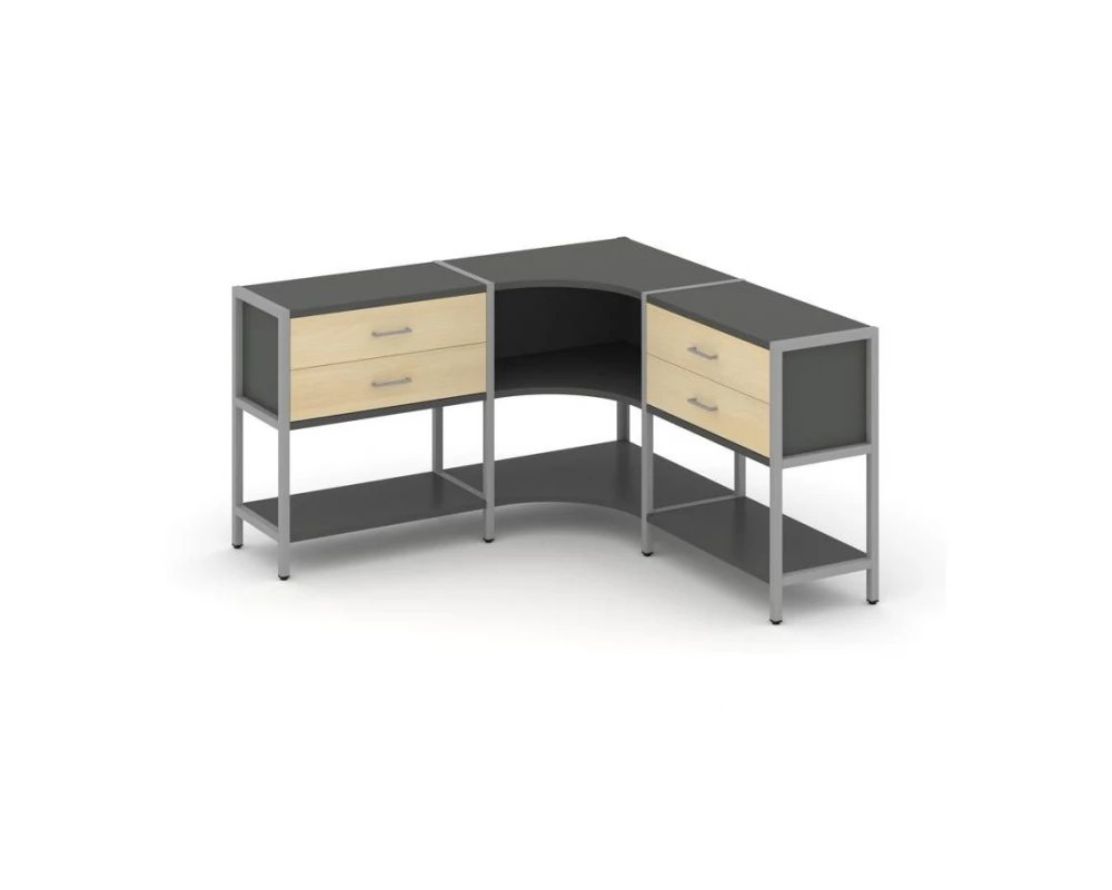 Трехсекционный угловой стеллаж двухярусный с ящиками 1590х1590х879 Shelf System
