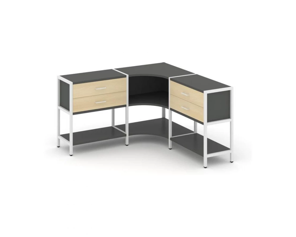 Трехсекционный угловой стеллаж двухярусный с ящиками 1590х1590х879 Shelf System