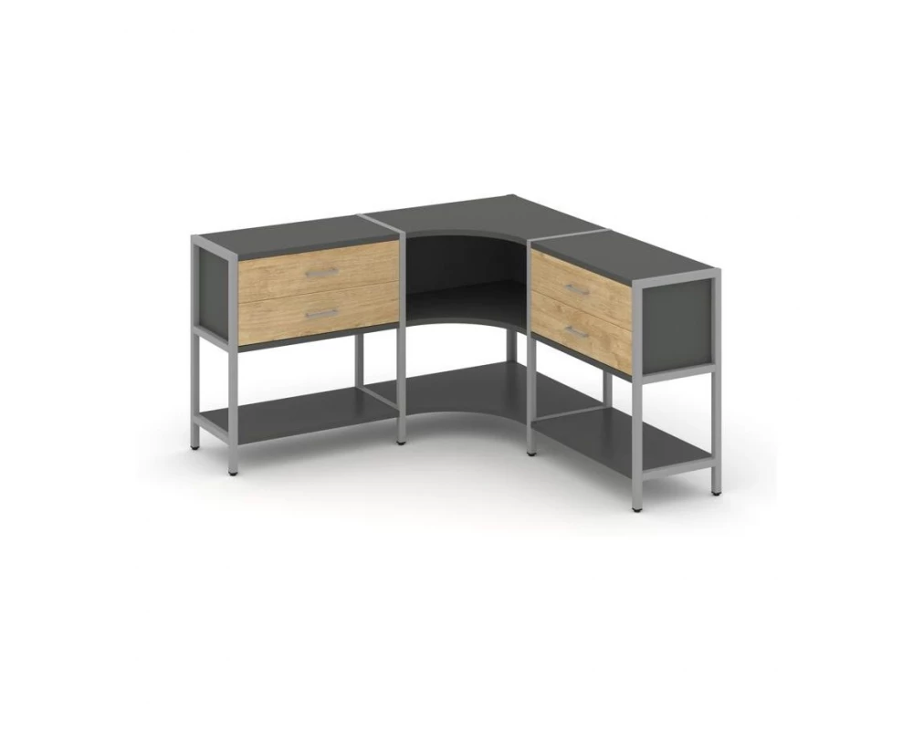 Трехсекционный угловой стеллаж двухярусный с ящиками 1590х1590х879 Shelf System