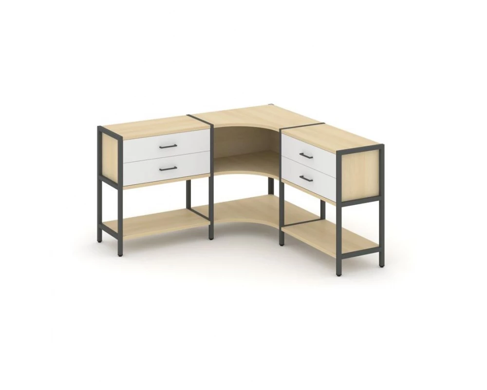 Трехсекционный угловой стеллаж двухярусный с ящиками 1590х1590х879 Shelf System