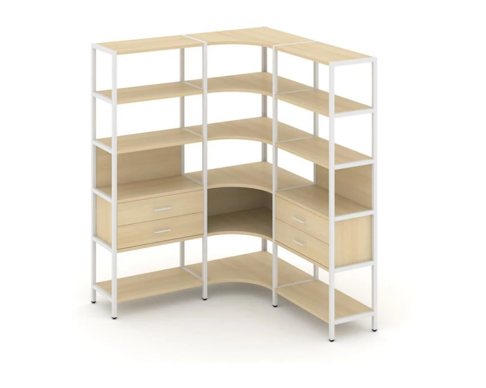 Трехсекционный угловой стеллаж пятиярусный с ящиками 1590х1590х1980 Shelf System
