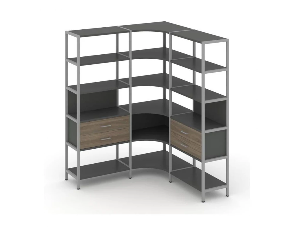 Трехсекционный угловой стеллаж пятиярусный с ящиками 1590х1590х1980 Shelf System