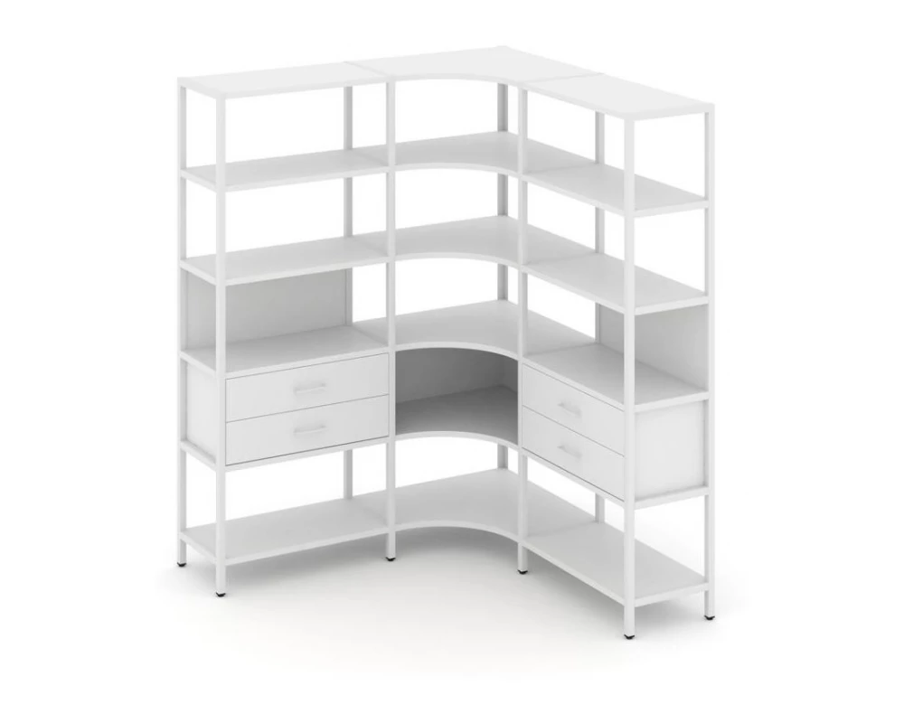 Трехсекционный угловой стеллаж пятиярусный с ящиками 1590х1590х1980 Shelf System