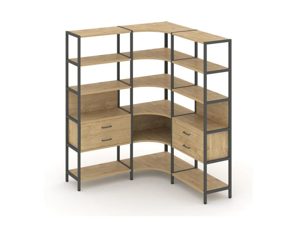 Трехсекционный угловой стеллаж пятиярусный с ящиками 1590х1590х1980 Shelf System