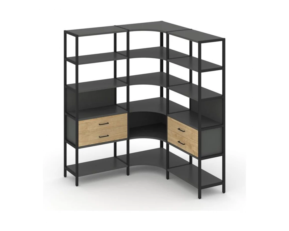 Трехсекционный угловой стеллаж пятиярусный с ящиками 1590х1590х1980 Shelf System