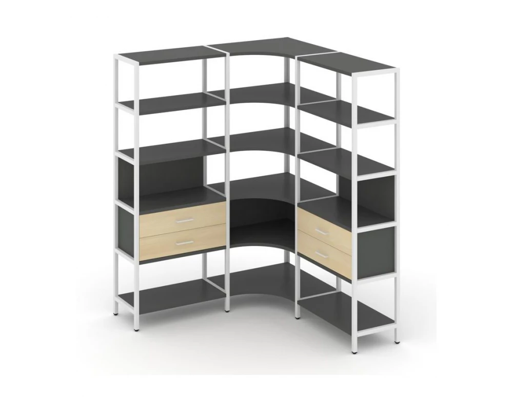 Трехсекционный угловой стеллаж пятиярусный с ящиками 1590х1590х1980 Shelf System