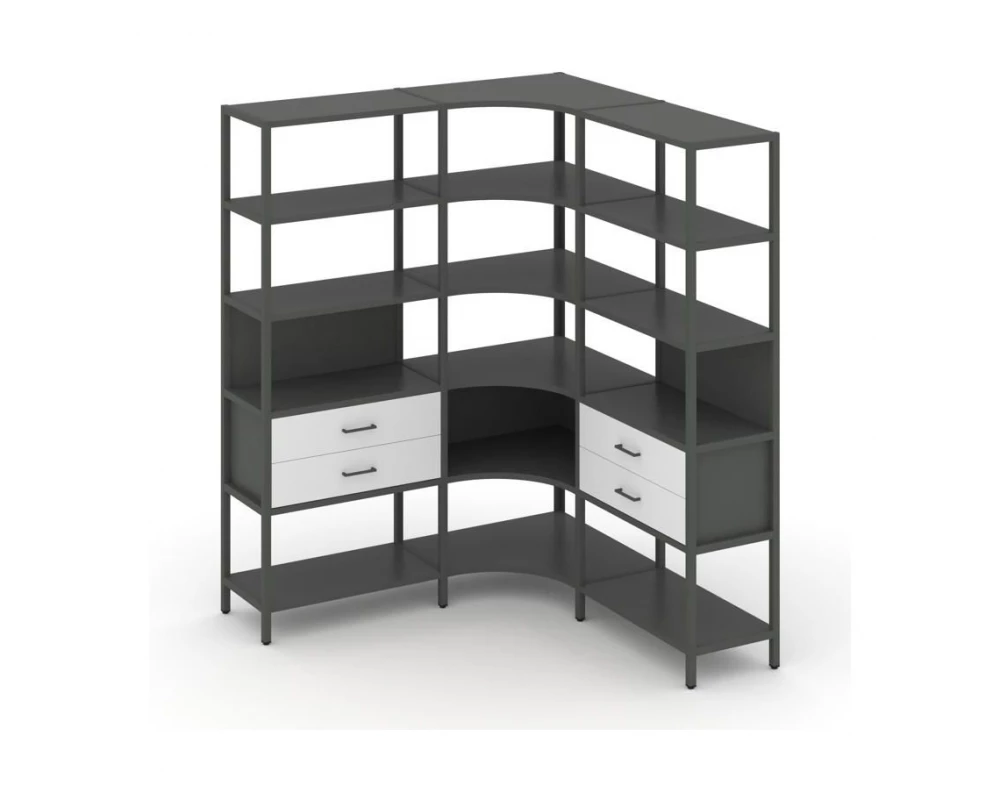 Трехсекционный угловой стеллаж пятиярусный с ящиками 1590х1590х1980 Shelf System