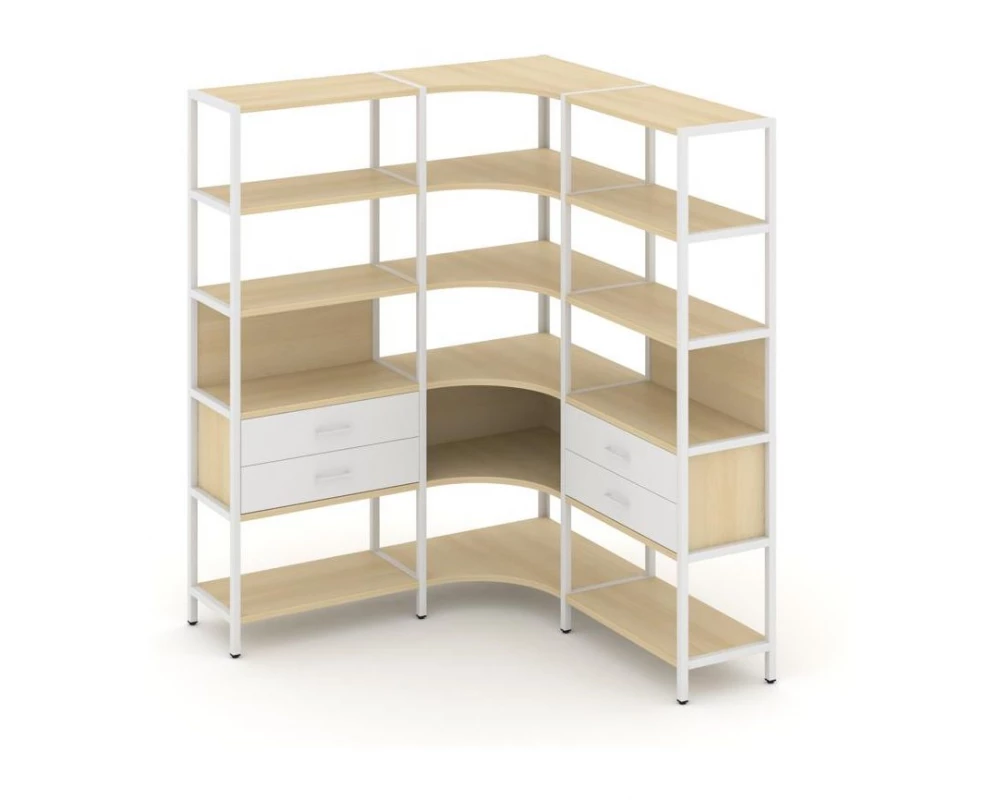 Трехсекционный угловой стеллаж пятиярусный с ящиками 1590х1590х1980 Shelf System