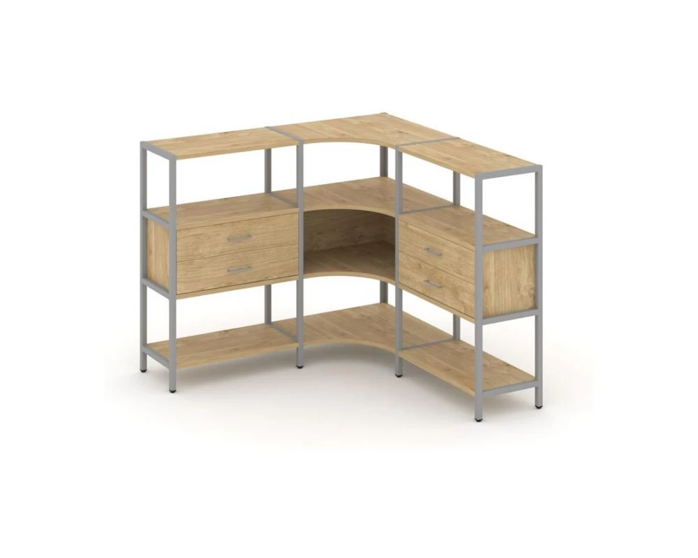 Трехсекционный угловой стеллаж трехярусный с ящиками 1590х1590х1246 Shelf System
