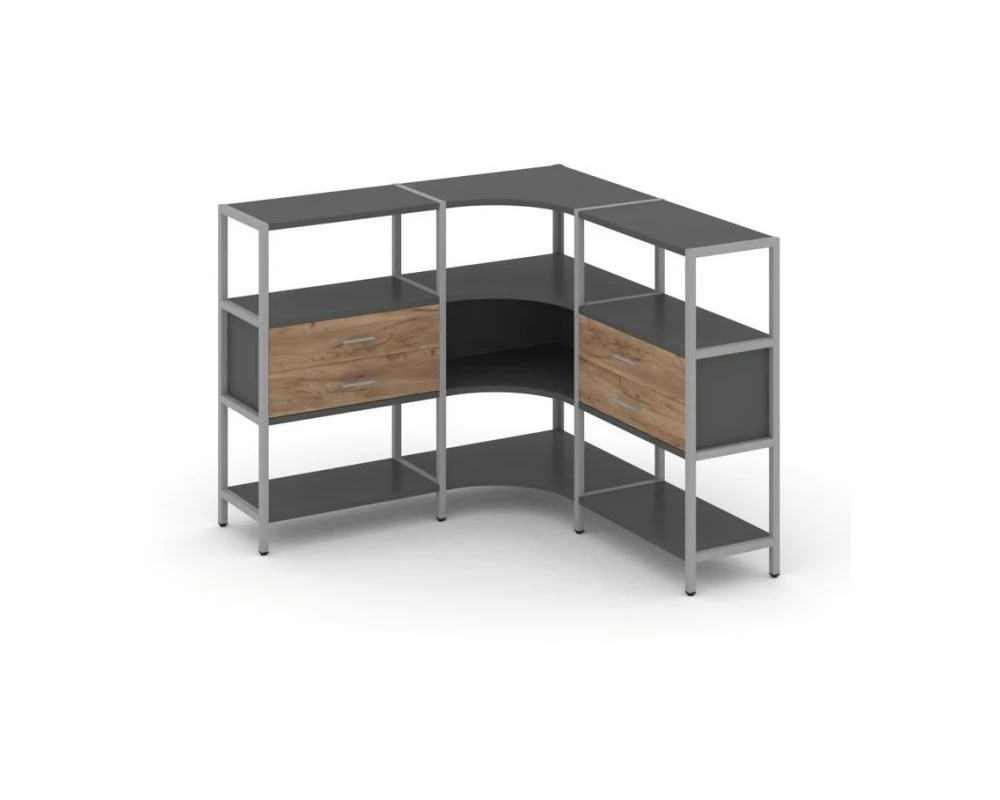 Трехсекционный угловой стеллаж трехярусный с ящиками 1590х1590х1246 Shelf System