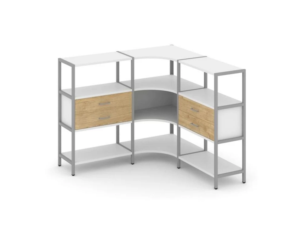 Трехсекционный угловой стеллаж трехярусный с ящиками 1590х1590х1246 Shelf System